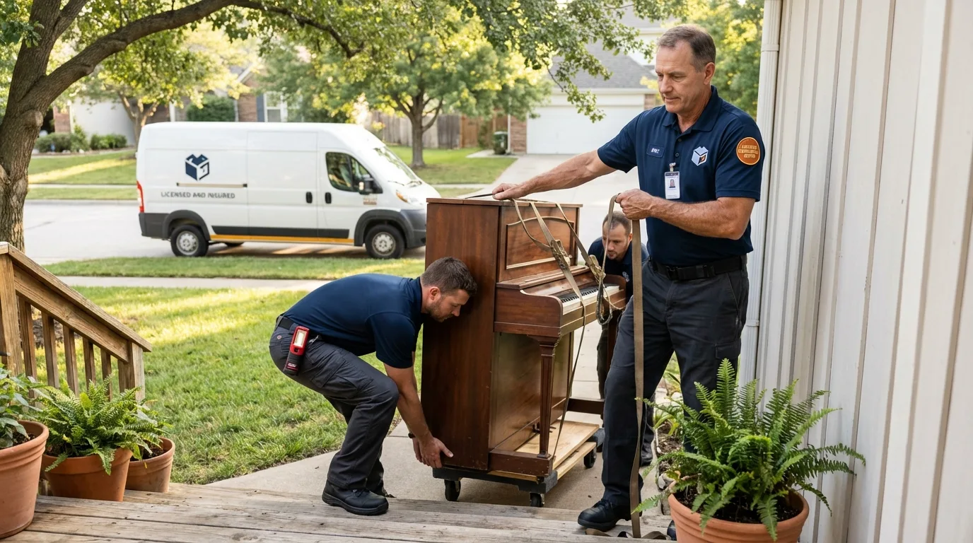 Licensed piano movers securing grand piano in Chichester, NH