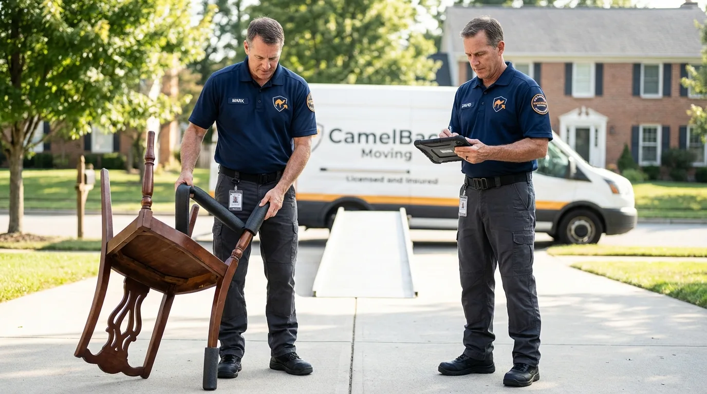 Movers inspecting furniture for damage prevention before loading in Chichester, NH