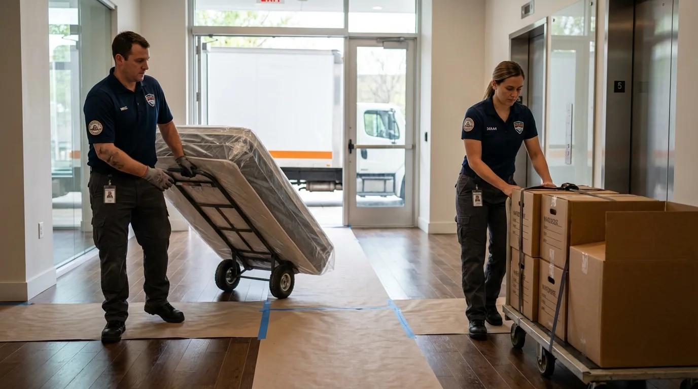 Professional apartment movers loading elevator in Chichester, NH