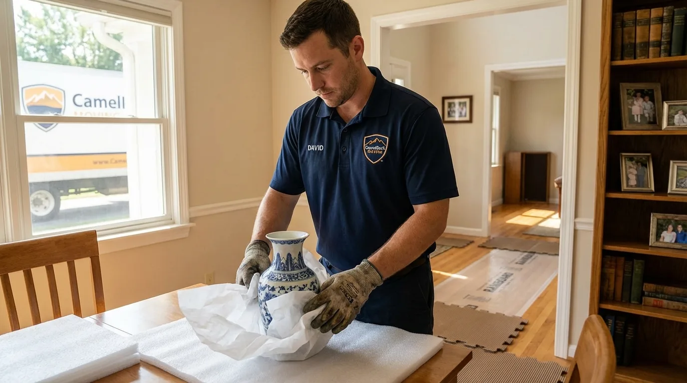 Professional crew carefully wrapping antique vase for senior downsizing move in Chichester, NH