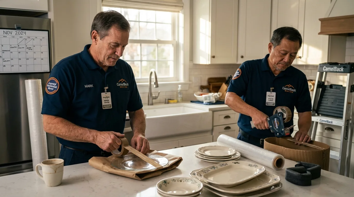 Professional crew packing kitchen dishware in Chichester, NH